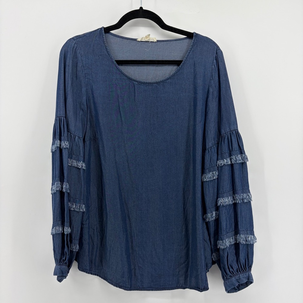 Jane and Delaney Blue Denim Chambray Long Sleeve Tiered Ruffle Sleeve Blouse M‎